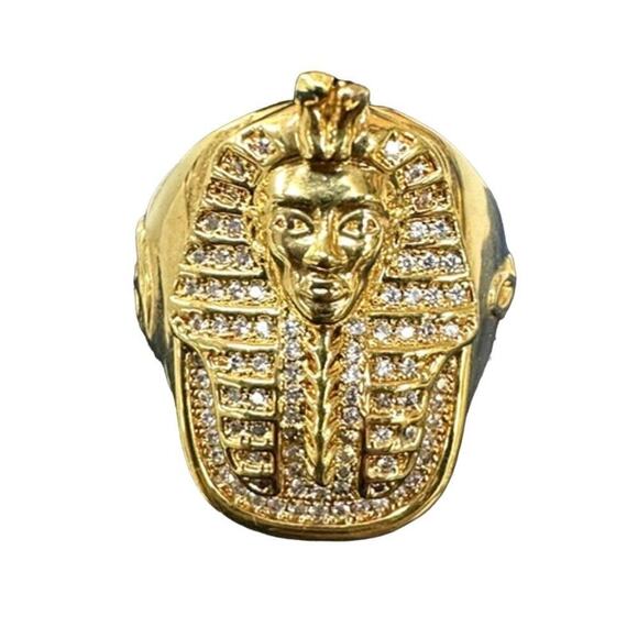 Huge Vintage King Ice Pharaoh Egyptian King Tut Gold Ring Mens 9 Crystal Studded - Picture 6 of 8